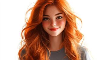 Portrait of a young woman with auburn hair, freckles, and a warm, inviting smile against a bright, simple backdrop. Beauty shines. photo