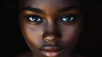Striking portrait showcasing intense gaze. Intricate detail of the model's features is illuminated against a deep, dark backdrop. photo