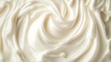 An overhead shot showcasing a swirl of thick, white cream. The curves and smooth texture create a visually appealing pattern. photo