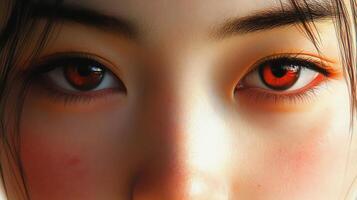 Intense gaze with striking red eyes, illuminated by soft light, highlighting the contrast between the skin and eye color. photo