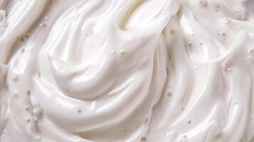 Close-up shot of thick, smooth, white cream. The cream is swirled and has a glossy texture. Tiny particles are visible in the cream. photo