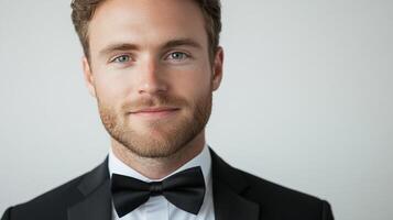 Portrait of a handsome man in a tuxedo. The man has striking blue eyes and a well groomed beard against a neutral backdrop. Dapper look. photo