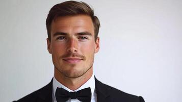 Portrait of a handsome man in a suit. He's smiling, confident, and dressed formally, making him fit for gala or a sophisticated social event. photo