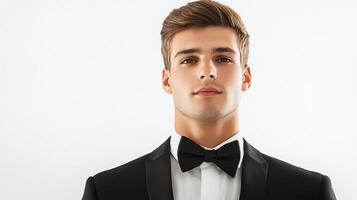 Elegant man in formal black tuxedo and bow tie against a light background, perfect for special occasions or formal events. photo