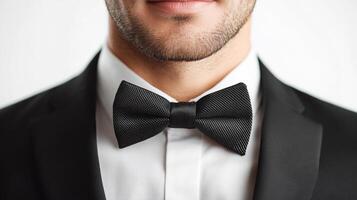 Close-up of a man wearing a black tuxedo and bowtie, exuding sophistication and style, perfect for formal occasions. photo