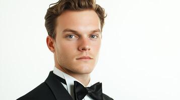 A portrait of a handsome man in formal attire, showcasing a confident and sophisticated look against a clean, bright white background. photo