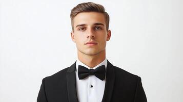 Elegant man in formal wear, tuxedo and bow tie looking directly into the camera with a serious expression. Studio shot on a white background. photo