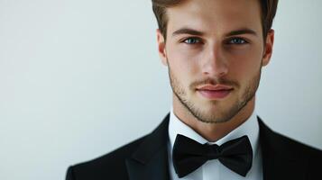 Sharp dressed man in tuxedo with bow tie. A classic portrait of a man in formal wear, embodying style and sophistication. photo
