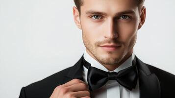 Portrait of a poised man adjusting his bow tie, exuding confidence and elegance against a clean backdrop in formal attire. photo