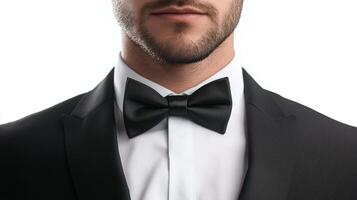Elegant man in tuxedo featuring a black bow tie, symbolizing sophistication and timeless formal style for a special event. photo