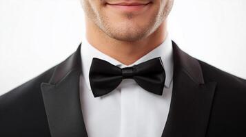 A sophisticated man, dressed in a black tuxedo and bow tie, exudes confidence with a subtle smile. Formal elegance for a special occasion. photo