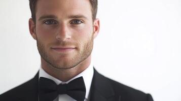 Portrait of a man with a tuxedo and bow tie. A modern, minimalist portrait focusing on texture and detail in a simple studio setting. photo