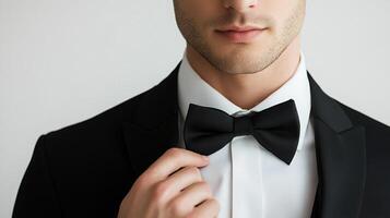 Elegant man in formal wear, black suit and bow tie, exuding sophistication. Hand adjusting tie against a light backdrop. photo