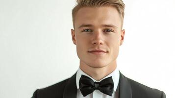 Portrait of a handsome man with blond hair and a black bow tie looking at the camera in front of a white background photo