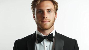 Portrait of a handsome man in formal attire. He is well groomed and wears a tuxedo with a bow tie against a light background. photo