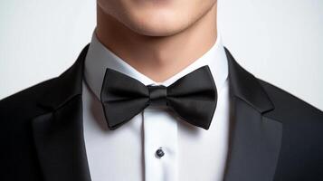 Close-up of a man in a black tuxedo, collared white shirt with a single button, and a bow tie against a white background. photo