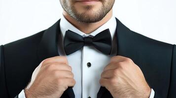 Elegant man in a suit adjusts his bow tie, showcasing sophistication and style for a formal event, creating a refined and polished look. photo