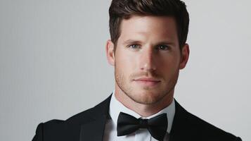 Formal portrait of a man dressed in a classic tuxedo and bow tie, showcasing sophistication and timeless style against a neutral backdrop. photo