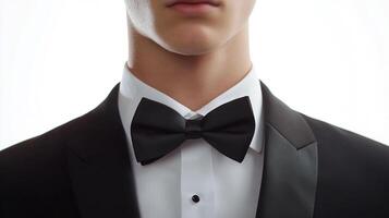 Elegant black bow tie and tuxedo on a man, showcasing formal attire for a sophisticated and stylish appearance, perfect for formal events. photo