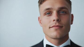 Portrait of a handsome man. He wears a bow tie and a black suit, captured in a close-up headshot against a white background. photo