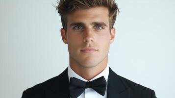 Portrait of a handsome man wearing a black tuxedo with a bow tie, exuding elegance and confidence in a minimalist setting. Sharp and refined look. photo