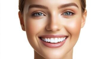 Radiant beauty shines through a close-up of a smiling woman, emphasizing healthy skin and sparkling white teeth against a clean background. photo