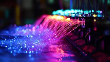 Optical fibers transmit data as light pulses, perfect for fast, reliable communication in modern networks. Colorful cables illuminate the scene. photo