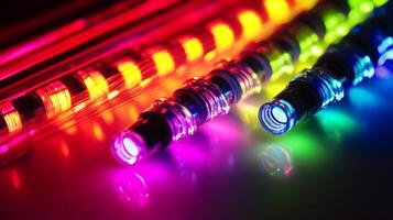 A vibrant array of colorful LED lights creates a mesmerizing visual spectacle, showcasing the spectrum from red to blue in a modern design. photo