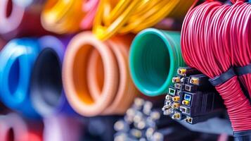 A vibrant collection of colorful electrical wires and tubing, showcasing a range of textures and patterns. Wiring and connection cables. photo