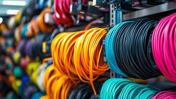 A vibrant array of colorful cables, neatly organized and displayed, showcases a spectrum of hues in this visually appealing arrangement. photo