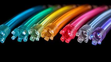 Illuminated tubes displaying a spectrum of colors. A gradient of light passes through these tubes, making them colorful. photo