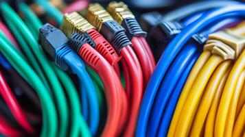 A vibrant array of network cables, plugged in and ready for data transfer, showcasing connectivity and technology infrastructure. photo