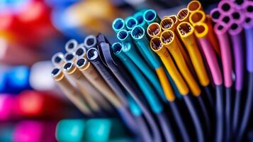A vibrant close-up of multicolored cables. Interconnected and organized, symbolizing communication, connectivity, and technological infrastructure. photo