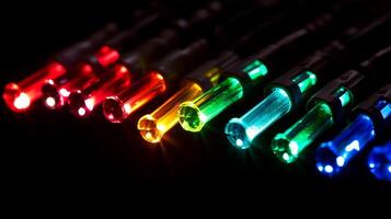 A mesmerizing array of colorful fiber optic cables illuminates a dark background. Each cable radiates its own unique vibrant hue. photo