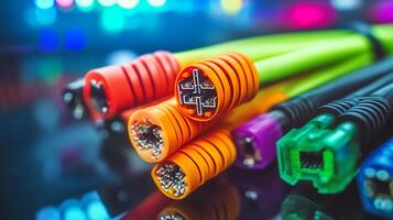 Vibrant colored ethernet cables, illustrating connectivity, networking, and digital communication infrastructure in modern technology. photo