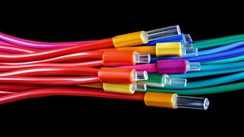 Colorful wires are neatly arranged against a black background, creating a vibrant display of connectivity and organization. photo