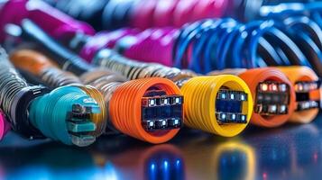 Colorful cables of various hues arranged together, highlighting the digital connectivity and the importance of network infrastructure. photo