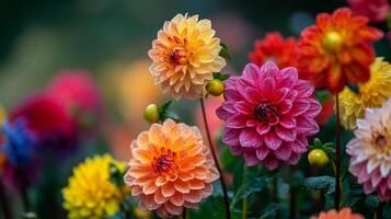 A vibrant display of colorful Dahlia flowers, showcasing the beauty of nature with an array of yellows, oranges, pinks, and reds. photo