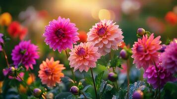 A vibrant close-up captures a lush field of colorful dahlia flowers glistening with dew drops, illuminated by a soft, natural light. photo