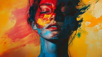 Abstract portrait with vibrant splashes of red, yellow, blue, and black paints, creating a visually striking artistic expression. photo