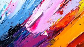 Bold brushstrokes of vibrant colors converge in a dynamic abstract painting, showcasing rich texture and depth on a canvas surface. photo