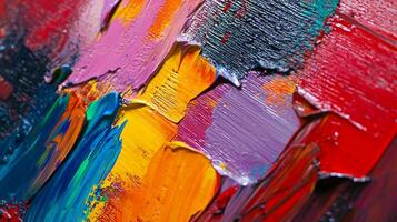 A vibrant close-up of heavily textured, colorful paint strokes creates an abstract and dynamic composition. Bold, saturated hues are striking. photo