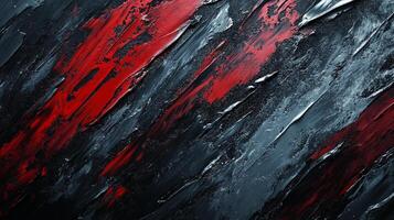 Abstract painting featuring bold strokes of red and contrasting shades of black and gray, creating a dynamic and textured surface. photo
