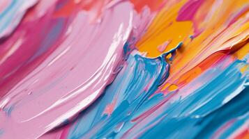 Close-up of vibrant paint strokes in pink, blue, and yellow hues, creating a textured abstract surface with smooth, directional patterns. photo