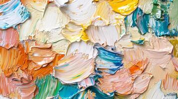 Macro view of an artist's canvas showing vibrant, layered strokes of color in thick, textured paint creating a dynamic abstract pattern. photo