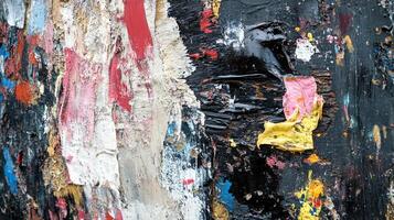 Vibrant texture of an artwork with black, pink, yellow, red, blue and white. The painting has different layers with different styles. photo