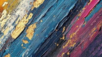 Abstract textural painting featuring bold strokes of blues, pinks, white, and gold. Diagonal lines create depth and movement across the surface. photo