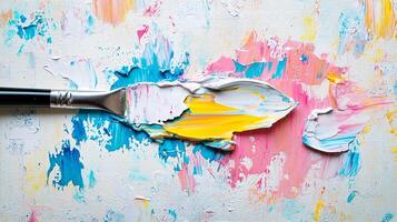 Textured canvas art with vibrant impasto strokes and a paintbrush, creating a dynamic composition with colorful acrylic paint. photo