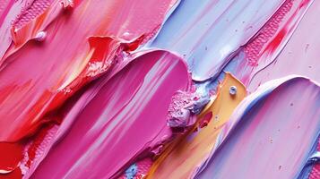 Close-up of vibrant pink, red, blue, and yellow paint strokes creates a dynamic and textured abstract painting, with bold color blending. photo