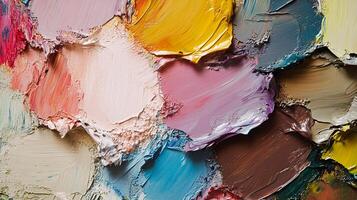 Close up of layered multicolored textured oil paint strokes. Captivating abstract fine art with depth and rich colors of impasto technique. photo